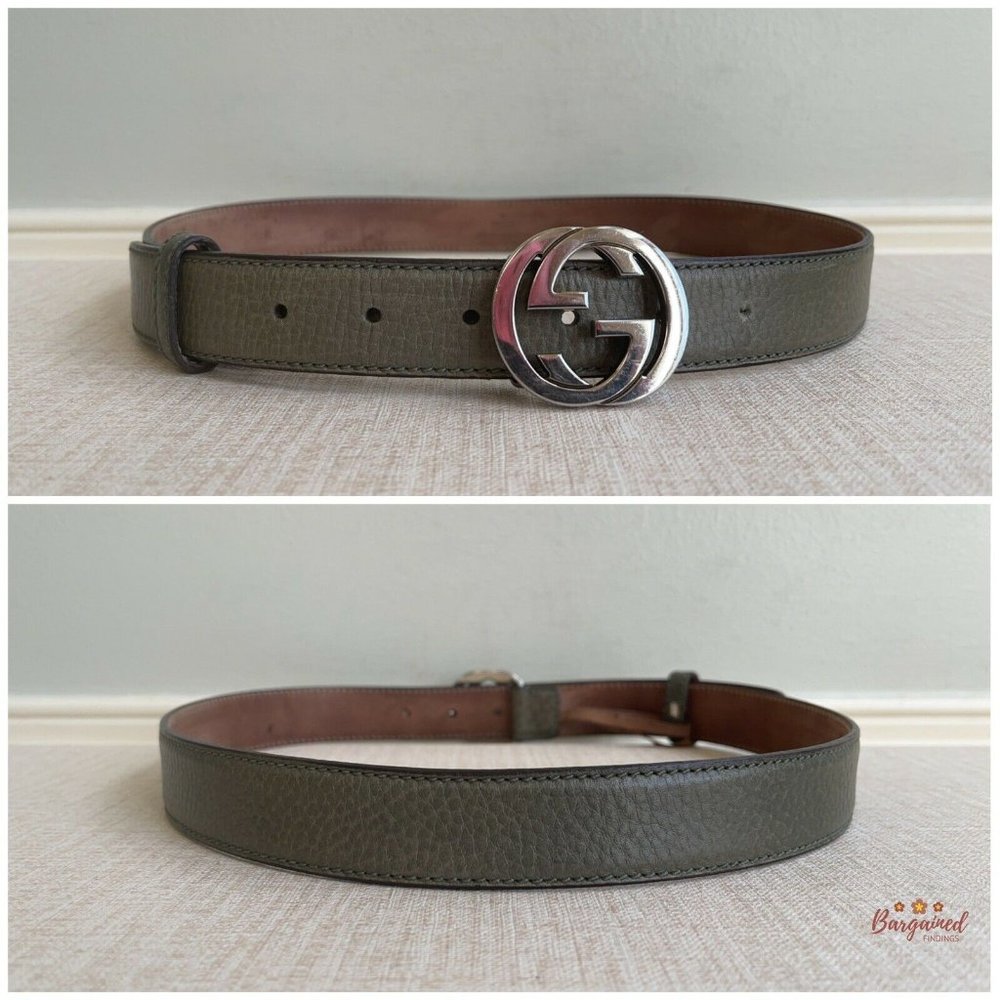 Authentic GUCCI Greenish-Gray Leather Silver Interlocking G Buckle Belt 85/34 - Picture 5 of 13